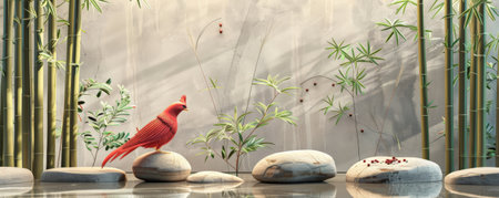 Phoenix bird background showing a peaceful zen garden, with the bird in soft shades of red and gold. The backdrop includes smooth stones, bamboo, and a tranquil pondの素材