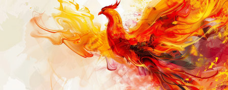 Phoenix bird background with an abstract artistic design, featuring the bird in bold, swirling colors. The background includes dynamic brush strokes and vibrant huesの素材