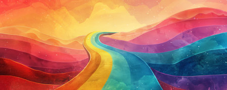 Pride LGBT background featuring a rainbow road leading through a whimsical landscape, imaginative and inspiringの素材