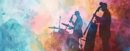 Relaxing jazz music background with soft pastel tones and a gentle watercolor effect. Silhouettes of musicians create a calming atmosphere.の素材