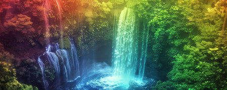 Pride LGBT background showcasing a rainbow-colored waterfall flowing through a lush green forest, natural and sereneの素材