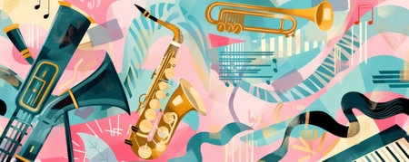 Retro jazz music background with pastel colors and vintage patterns. The nostalgic design evokes the charm of the golden age of jazz.の素材