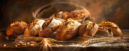 Rustic wooden table filled with a variety of freshly baked bread loaves, baguettes, and rolls, surrounded by a few sprigs of wheat and flour dusted over the surface. Warm, earthy tones dominate the scene.の素材