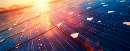 Solar energy background featuring a close-up of solar panels with the sun shining brightly above. The image highlights the efficiency and potential of solar technology.の素材