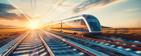 Solar energy background featuring a modern, solar-powered train traveling through a sunny landscape. The image highlights the role of solar energy in sustainable transportation.の素材