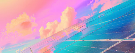 Solar energy background with an array of solar panels under a vivid, rainbow-colored sky. The colorful scene represents diversity and innovation in renewable energy.の素材