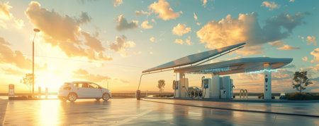 Solar energy background featuring a solar-powered electric vehicle charging station under a sunny sky. The scene highlights the intersection of solar energy and sustainable transportation.の素材