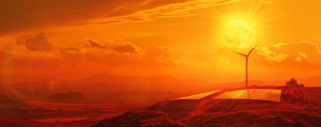 Solar energy background featuring a solar-powered windmill on a hill, with the sun setting behind. The combination of solar and wind energy elements symbolizes a comprehensive renewable strategy.の素材