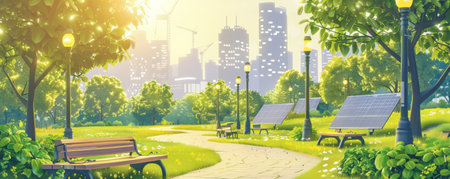 Solar energy background with an urban park powered by solar energy, featuring solar-powered lights and benches. The vibrant, green setting promotes sustainable city living.の素材