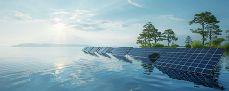 Solar energy background showing solar panels floating on a calm lake under a clear sky. The scene highlights innovative approaches to harnessing solar energy.の素材