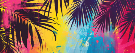 Tropical jazz music background with bright, vibrant colors and palm tree silhouettes. The design captures the lively and carefree spirit of tropical jazz.の素材