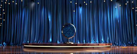 Winner award podium background featuring a polished wood podium with silver trim, set against a deep blue curtain backdrop with sparkling lights, creating a sophisticated and classic lookの素材