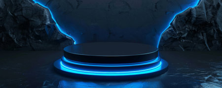 Winner award podium background with a matte black podium and neon blue accents, set against a dark backdrop with abstract light patterns, creating a modern and edgy lookの素材