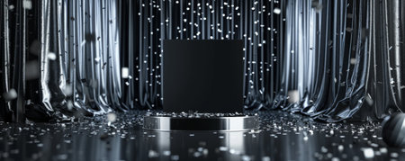 Winner award podium background with a sleek black podium and chrome details, surrounded by shimmering silver curtains and confetti, creating a chic and celebratory vibeの素材