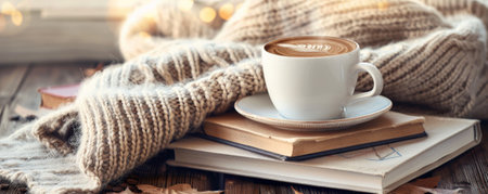 A cozy coffee background featuring a knitted scarf, a steaming cup of hot chocolate, and a stack of books, all arranged on a wooden tableの素材