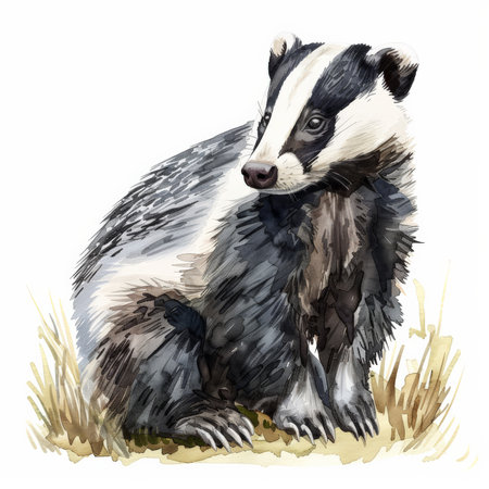 A curious badger with its distinctive stripes, illustrated in lively watercolor strokes, beautifully isolated on a pristine white backgroundの素材