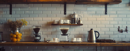 A coffee background showcasing an elegant pour-over setup, with a ceramic dripper, a kettle, and a glass server, all arranged neatly on a wooden counterの素材
