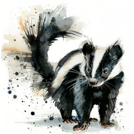 A curious skunk with its tail raised, illustrated in lively watercolor strokes, beautifully isolated on a pristine white backgroundの素材