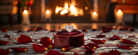 A dazzling heart-shaped diamond engagement ring presented in a plush velvet box. The backdrop features a romantic scene with a cozy fireplace, a plush rug, and rose petals forming a path leading to the proposal spot.の素材