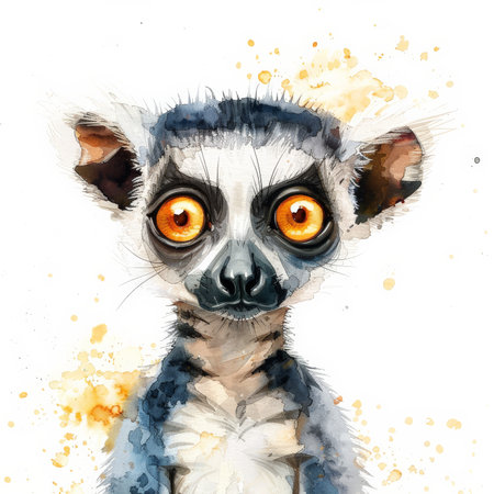A curious lemur with big eyes, illustrated in lively watercolor hues, beautifully isolated on a pristine white backgroundの素材