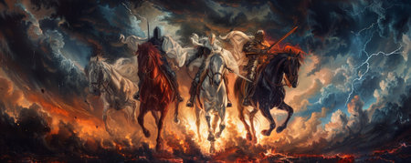 A dramatic scene depicting the Four Horsemen of the Apocalypse riding through a stormy sky, each on a distinct horse: white, red, black, and pale. The background includes dark clouds, lightning, and a burning horizon.の素材