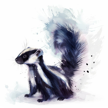 A curious skunk with its tail raised, illustrated in lively watercolor strokes, beautifully isolated on a pristine white backgroundの素材