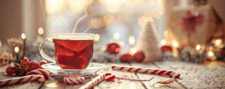 A cozy tea background with a steaming mug of peppermint tea, candy canes, and holiday decorations arranged on a tableの素材