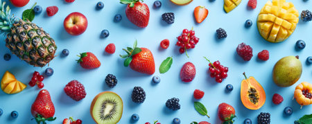 A dynamic fruit background with a variety of berries and tropical fruits, spread over a light blue surface, creating a refreshing and invigorating lookの素材