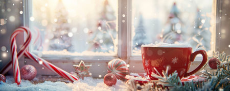 A festive tea background with a cup of hot peppermint tea, candy canes, and holiday decorations, set against a snowy windowpaneの素材