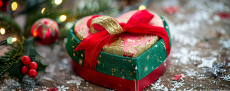 A festive heart-shaped gift box wrapped in bright red and green with a sparkling gold ribbon. The backdrop includes a holiday setting with Christmas decorations, pine branches, and twinkling lights.の素材