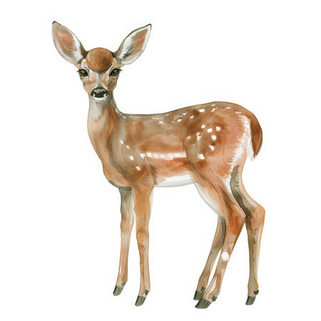 A gentle deer with delicate features, rendered in soft watercolor shades, beautifully isolated on a pristine white backgroundの素材