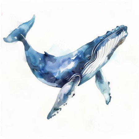 A gentle whale gliding through the ocean, painted in tranquil watercolor hues, beautifully isolated on a pristine white backgroundの素材