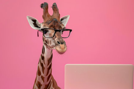 A giraffe sitting in front of a laptop, sporting glasses, with a plain magenta background. The giraffe's curious and focused expression adds a whimsical and amusing element, making the scene both fun and endearing.の素材