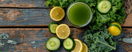 A healthy fresh juice background with a glass of green detox juice, surrounded by fresh kale, cucumber, and lemon slices on a rustic wooden tableの素材