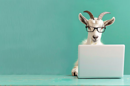 A goat sitting in front of a laptop, wearing glasses, with a plain mint green background. The goat's inquisitive and focused expression adds a playful and intelligent vibe, making the scene both amusing and captivating.の素材