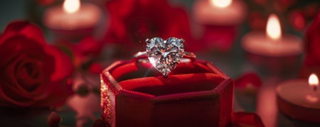 A heart-shaped diamond engagement ring glistening inside a rich, red velvet box. The background includes a romantic proposal scene with a candlelit dinner, soft music playing, and a bouquet of fresh roses enhancing the atmosphere.の素材