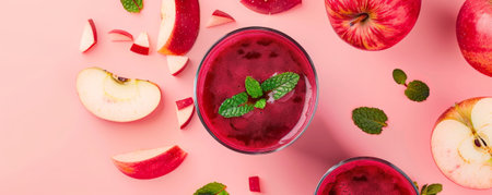 A healthy fresh juice background showcasing a glass of beet and apple juice, garnished with fresh apple slices and mint leaves, set against a light pink backdropの素材