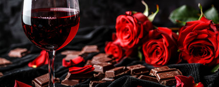 A luxurious wine background with a glass of deep red wine, dark chocolate pieces, and red roses, all set against a black velvet backdrop, creating a sense of indulgence and sophisticationの素材