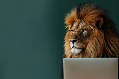 A lion sitting in front of a laptop, donning glasses, with a plain dark green background. The lion's regal and focused look adds a touch of majesty and intelligence, creating a powerful and intriguing scene.の素材