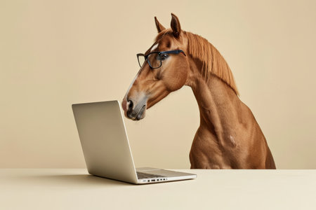 A horse sitting in front of a laptop, sporting glasses, with a plain cream background. The horse's attentive and calm demeanor adds a sense of grace and intelligence, making the scene both charming and intriguing.の素材