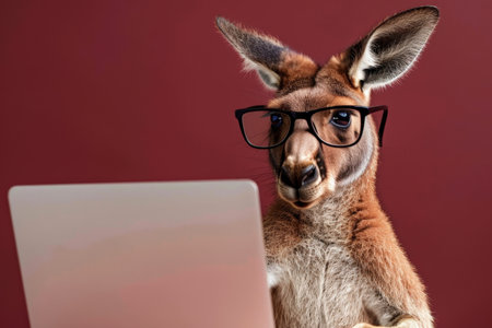A kangaroo sitting in front of a laptop, donning glasses, with a plain burgundy background. The kangaroo's attentive and curious expression adds a lively and unique element, making the scene both fun and captivating.の素材