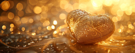 A luxurious heart-shaped gift box made of shiny gold material, with intricate lace patterns and a glittery ribbon. The background features a sparkling, bokeh effect with warm, golden tones.の素材