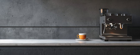 A minimalist coffee background with a sleek espresso machine, a clean countertop, and a single cup of espresso, highlighting modern designの素材