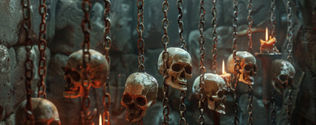 A medieval human skull frame setup featuring a frame constructed from skulls and iron chains, resembling a torture device. The backdrop includes a dark dungeon with stone walls and torches.の素材