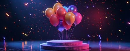 A podium with neon balloons glowing brightly, set against a dark, disco-themed birthday background with laser lightsの素材