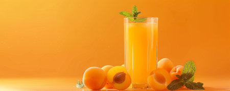A refreshing fresh juice background with a glass of apricot juice, garnished with apricot slices and mint leaves, set against a light orange backdropの素材