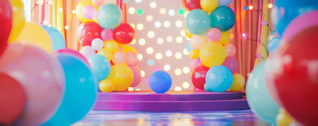A podium with large, helium-filled balloons creating an arch, set against a background of bright birthday lights and decorationsの素材