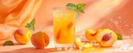 A refreshing fresh juice background with a glass of peach juice, garnished with peach slices and mint leaves, set against a light peach backdropの素材