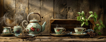 A rustic tea background with a vintage teapot, antique tea cups, and a wooden crate filled with tea leaves, all arranged on a wooden tableの素材