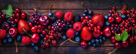 A rich and luxurious fruit background with deep red berries and cherries, artistically arranged on a dark wooden table, creating an indulgent and elegant atmosphereの素材
